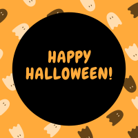 onscreen text that reads, "Happy Halloween!" on an orange and black background